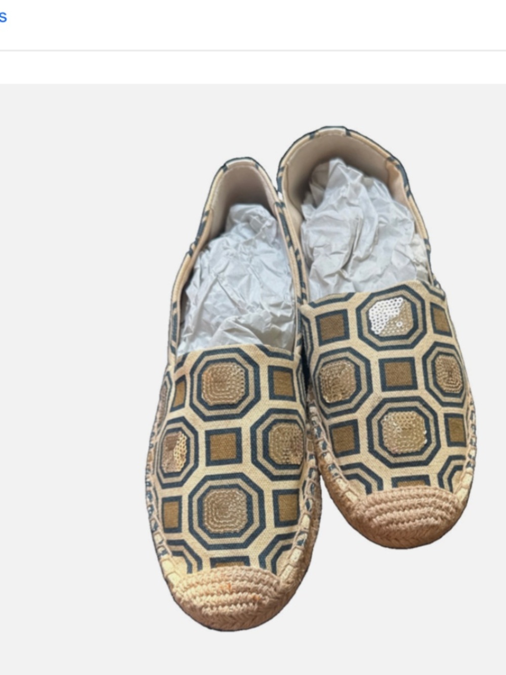 TORY BURCH Embellished Espadrille Flats 8 Canvas Sequin Rattan Shoes Pre-owned